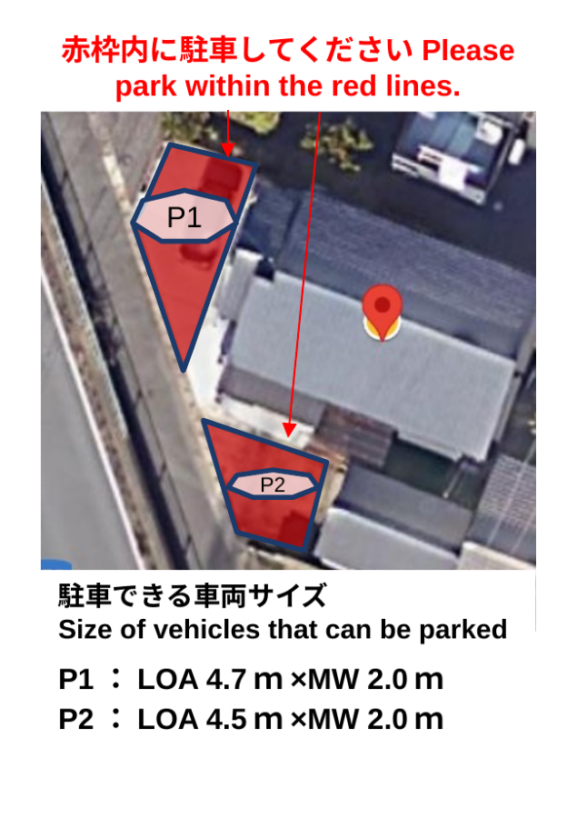 P1とP2の位置。赤枠内に駐車