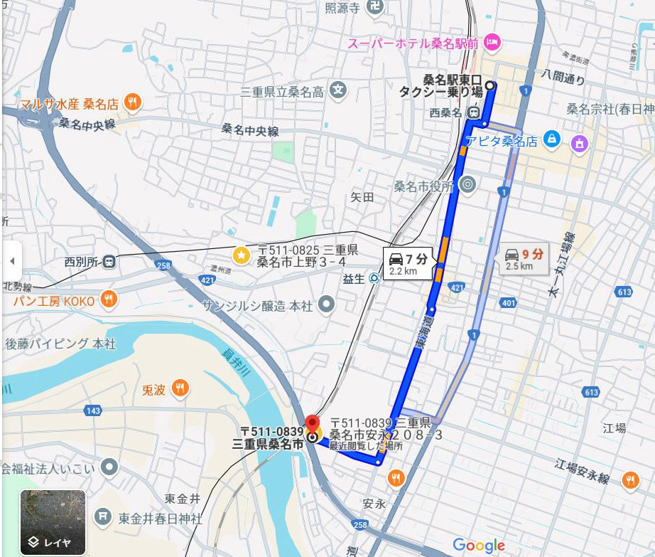桑名駅東口タクシー乗り場から百の宿までのルート地図（約7分・2.2km）